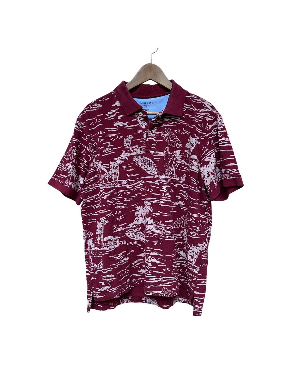 Lands’ End Maroon Hawaiian Print Polo Shirt Surf Palm Trees Men’s L